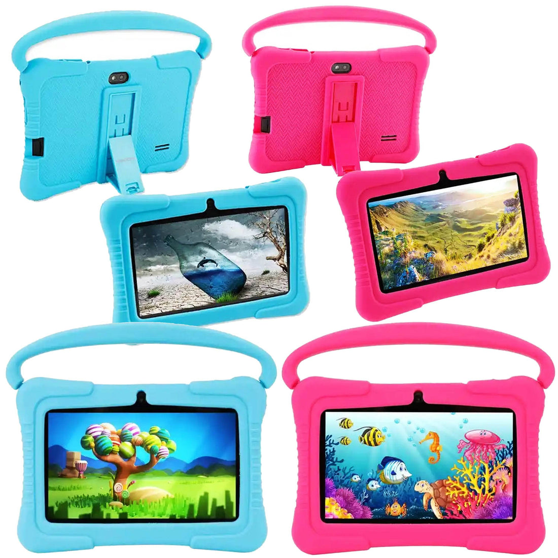 Tableta pentru copii de 7 inch Android WiFi cu Protectie anti shock, Camera dubla, jocuri, desene, aplicatii, Educativ, model cu maner - Specializat.ro