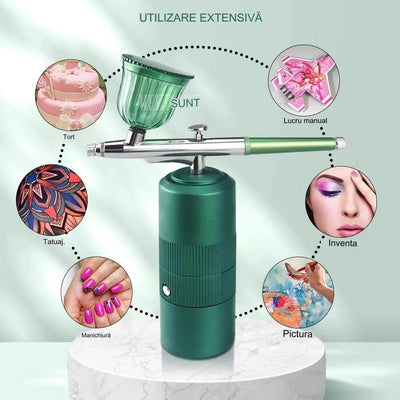 Aerograf Airbrush cu compresor portabil, pentru Pulverizat sau Vopsit, Manichiura, Pictura corp, Tatuaj semipermanent, Ornare torturi - Specializat.ro