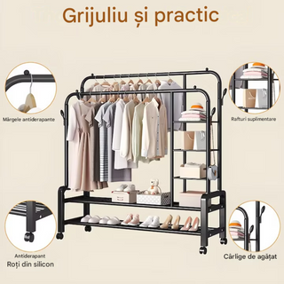Suport Haine Metalic cu Roți – Organizator Multifuncțional cu 5 Rafturi, 160x110x56.5 cm
