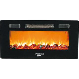 Semineu electric de perete Hausberg HB-8225, 1800W, Telecomanda, 3 Niveluri de lucru, Turboventilator, Elect de flacara led culoare portocalie, Termostat reglabil, Fier + sticla