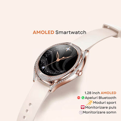 Smartwatch Dama Elegant, Bratara Metalica, Silicon si Piele, Masurare Oxigen in sange, Ritm cardiac, Sport, Somn - Specializat.ro