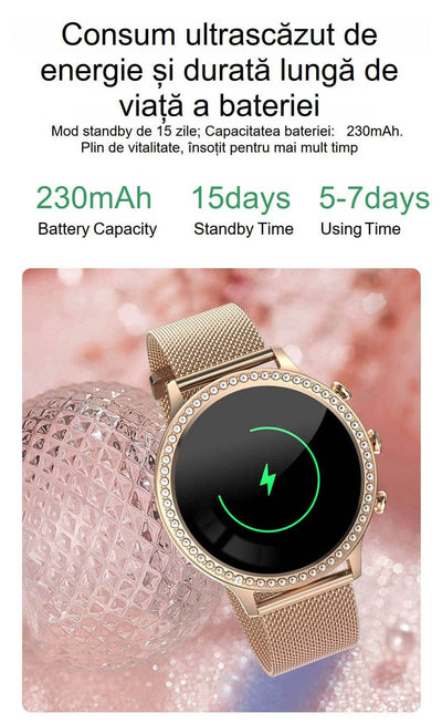 SmartWatch Dama, Auriu, Gold, Elegant, Curea metal, Curea silicon, Masurare Oxigen in sange, Ritm cardiac, Sport, Somn - Specializat.ro