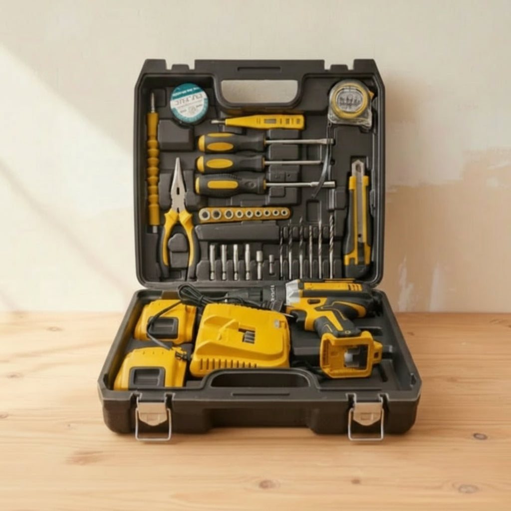 Set Bormaşină cu Acumulator în Valiză – 2 Baterii Li-Ion 48V + 30 Accesorii (Burghie, Biți, Chei) Galben