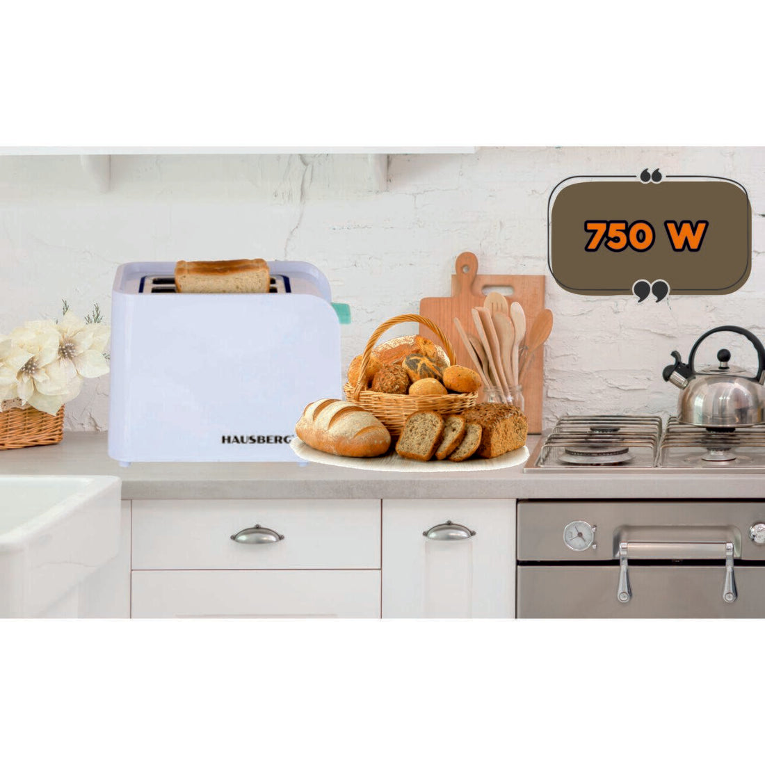 Prajitor de paine Hausberg HB-195BL, 750 W, 2 felii, functie decongelare, functie reincalzire, 6 trepte putere, Alb/Bleu