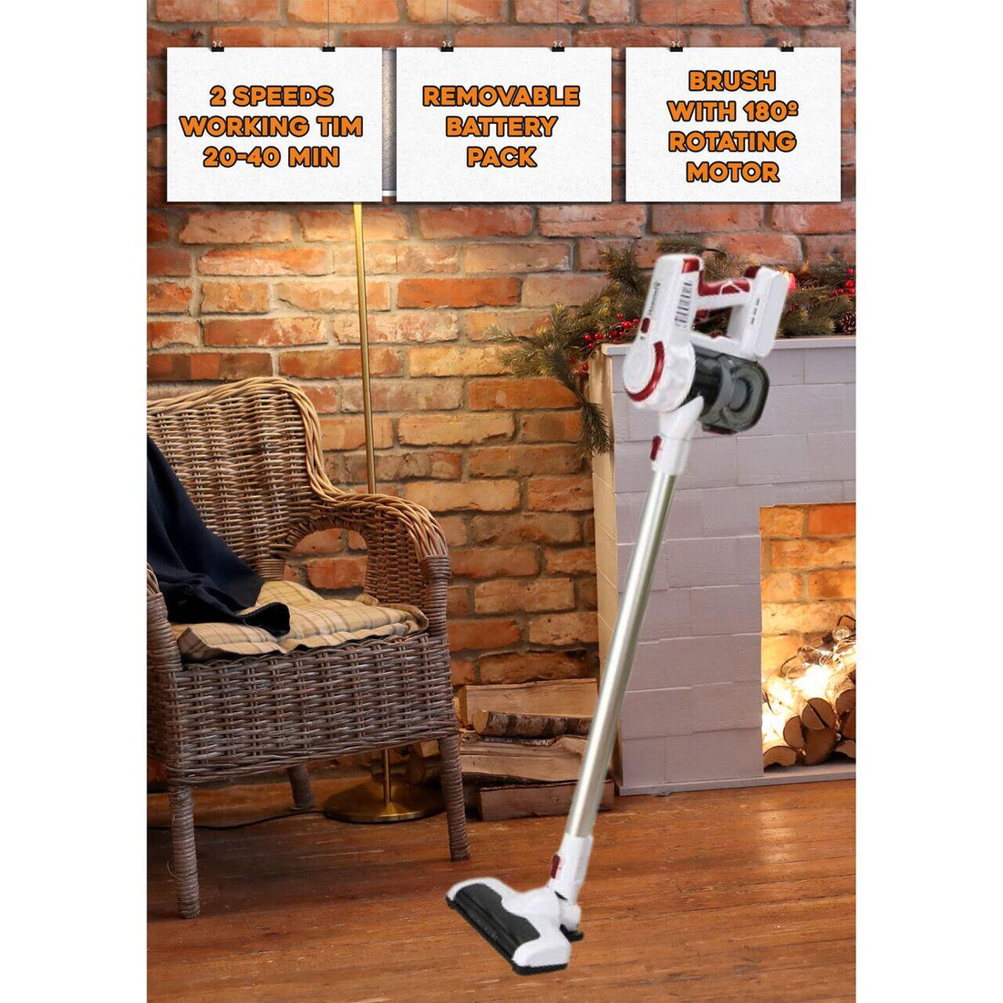 Aspirator vertical Hausberg HB-2027, putere 220W, fara sac, capacitate 0.25 l, filtre lavabile, 2 viteze, perie rotativa, timp de lucru 20-40 min, Alb