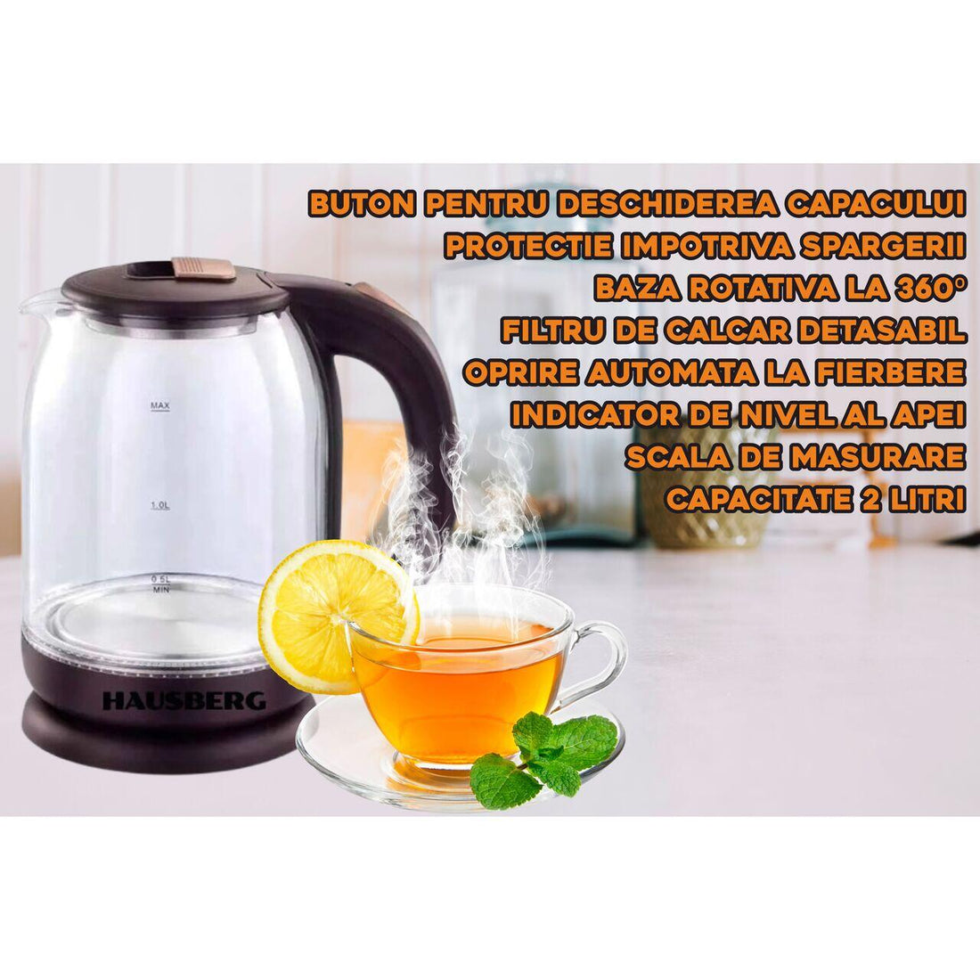 Fierbator apa, HAUSBERG HB-3616, putere 1500 W - 1800 W, capacitate 2L, oprire automata, vas din sticla, suport rotativ, Maro