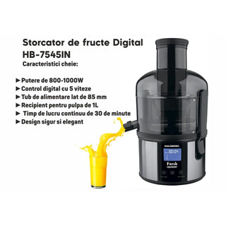 Storcator de fructe Digital HAUSBERG HB-7545IN, 800-1000W, 85mm, 1L Pulpa, 5 Viteze, Otel inoxidabil Negru/Inox
