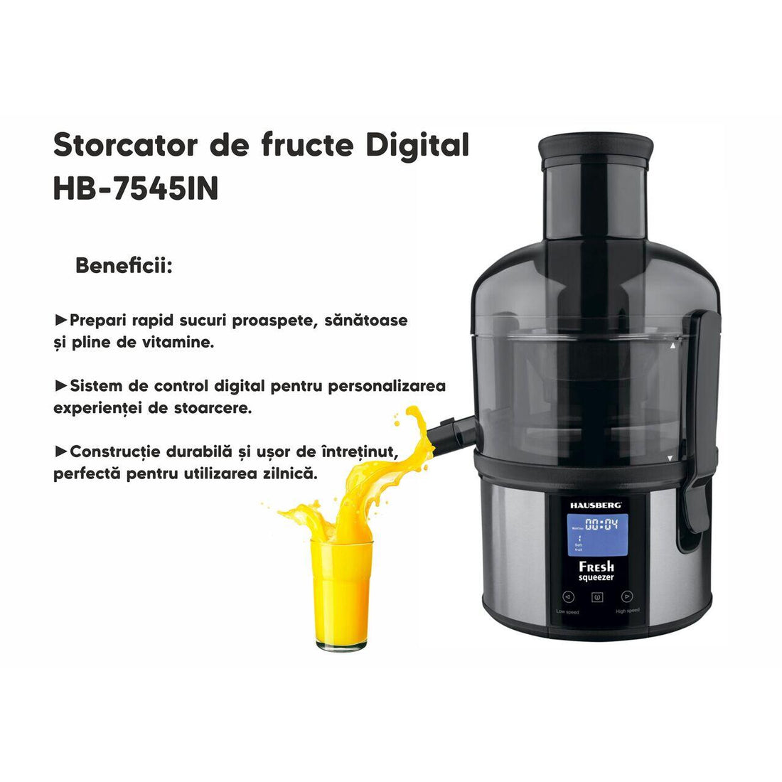 Storcator de fructe Digital HAUSBERG HB-7545IN, 800-1000W, 85mm, 1L Pulpa, 5 Viteze, Otel inoxidabil Negru/Inox