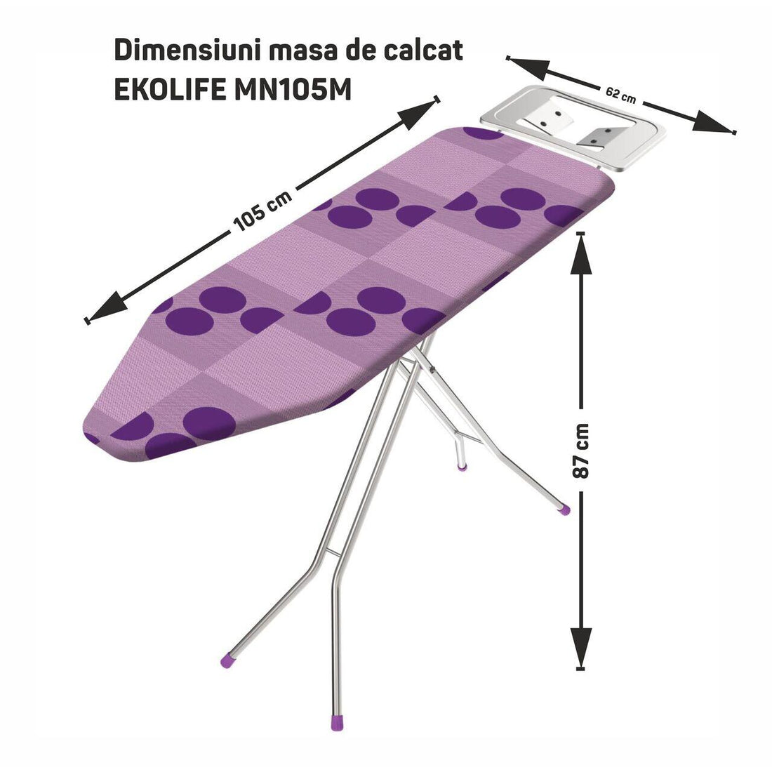 Masa de calcat EKOLIFE MN105M, vopsea electrostatica, husa bumbac si poliester, 62 x 87 x 105 cm