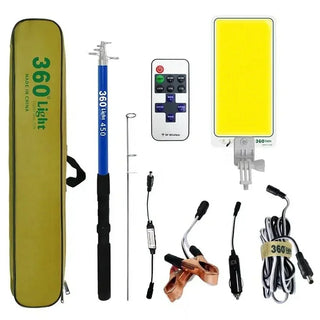 Kit Nocturna eLIVE FR-04, Proiector Camping LED 47W 4558lm, Waterproof, Brat Telescopic Ajustabil 4,5m, 3 Adaptoare 220V-AUTO-Cleme Crocodil Baterie, Telecomanda, Geanta Transport