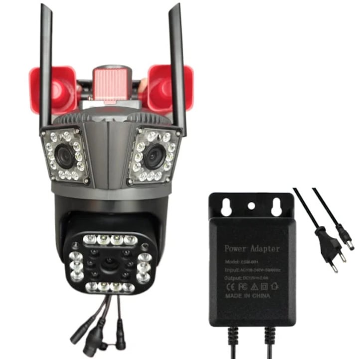 Cameră Supraveghere Triplă WiFi/4G, 4K Ultra HD, PTZ 355°, Zoom 5X, Night Vision Color, Alarmă