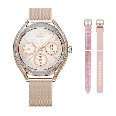 Smartwatch Dama Elegant, Bratara Metalica, Silicon si Piele, Masurare Oxigen in sange, Ritm cardiac, Sport, Somn - Specializat.ro