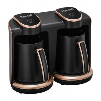 Aparat pentru preparat cafea turceasca Hausberg HB-3820AU, 2 recipiente, 400+400 W, avertizare sonora si luminoasa, Auriu/Negru