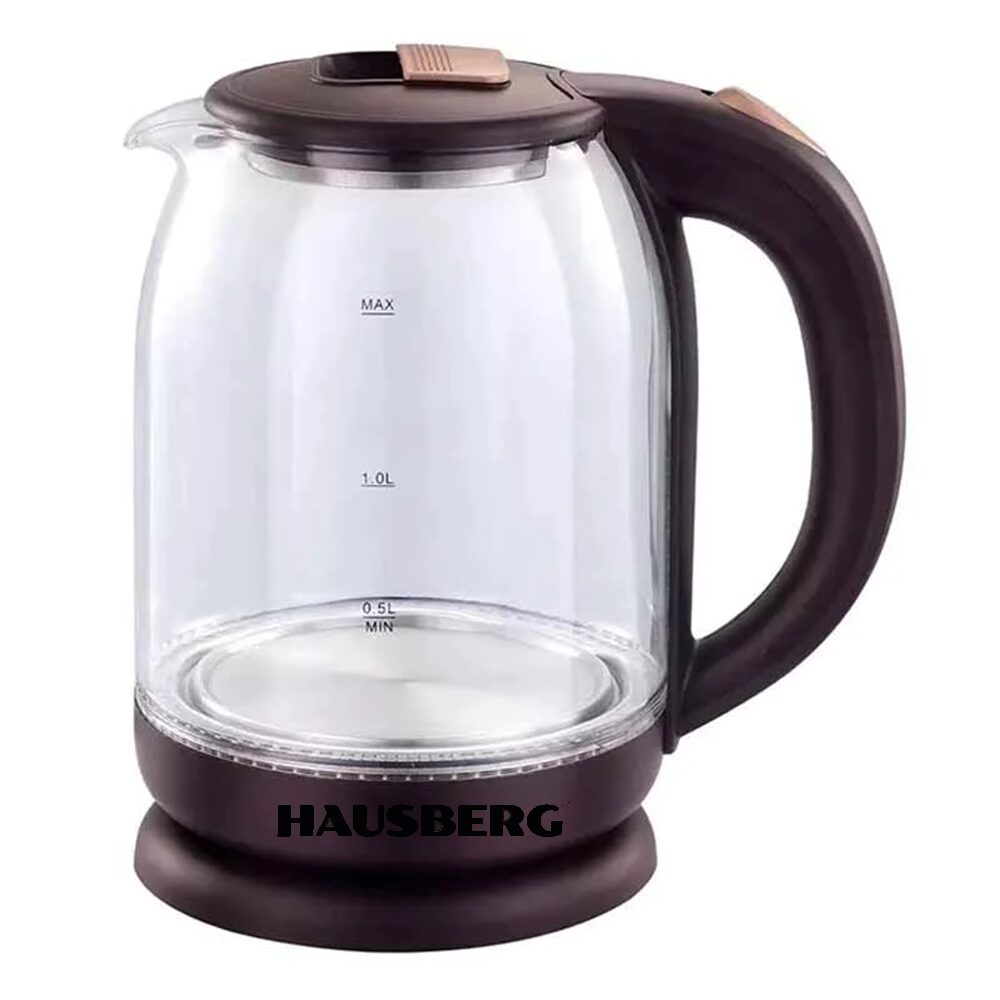 Fierbator apa, HAUSBERG HB-3616, putere 1500 W - 1800 W, capacitate 2L, oprire automata, vas din sticla, suport rotativ, Maro