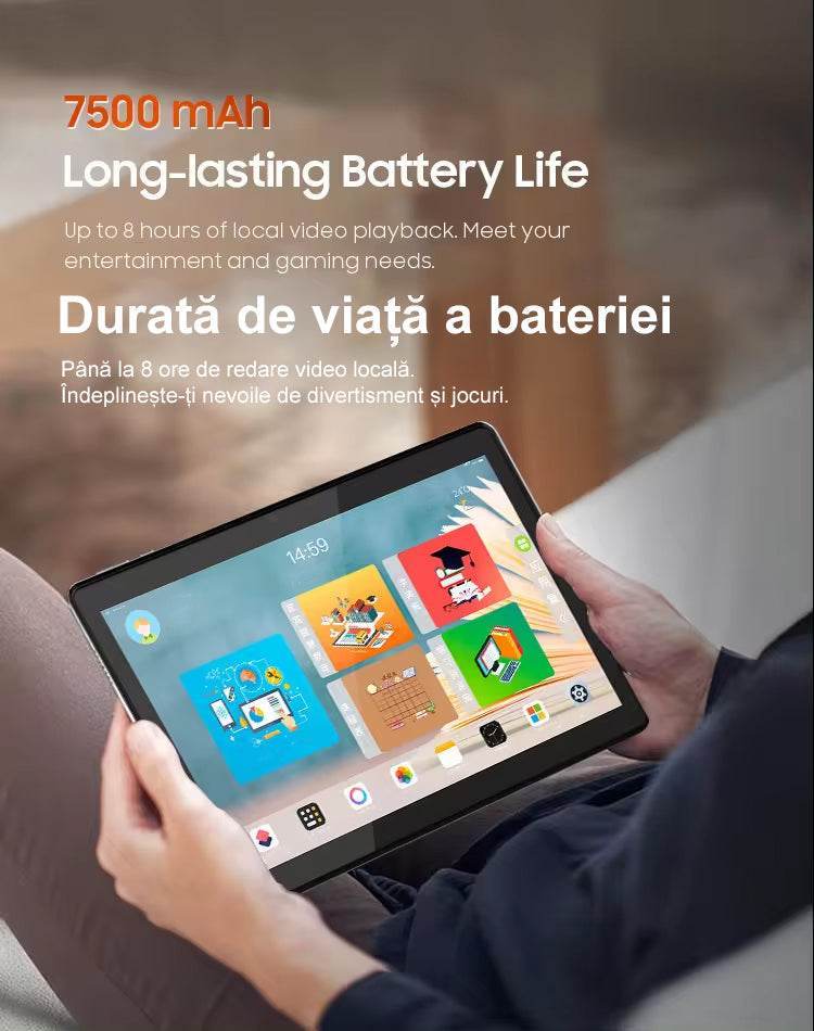 Tableta 10 inch Android, Procesor 10 nuclee, Baterie 7500mAh, 64GB ROM+4GB RAM, WiFi, Bluetooth, Camera dubla - Specializat.ro