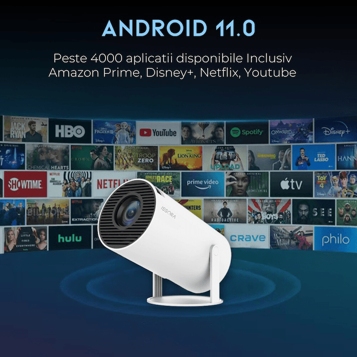 Videoproiector Portabil Smart 4K Ultra HD cu WiFi6, Bluetooth 5.0, Autofocus, Proiectie Ajustabila - Specializat.ro