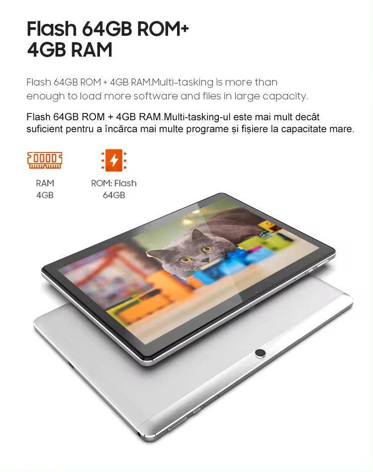 Tableta 10 inch Android, Procesor 10 nuclee, Baterie 7500mAh, 64GB ROM+4GB RAM, WiFi, Bluetooth, Camera dubla - Specializat.ro