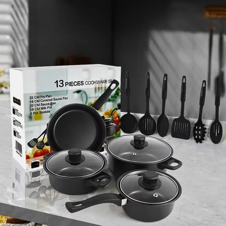 Set 13 piese oale si tigai antiaderente, silicon alimentar, rezistent la caldura, negru