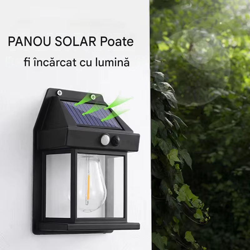 Lampă Solară de Perete tip Felinar cu Senzor de Mișcare | 3 Moduri de Lumină, Acumulator 1200mAh