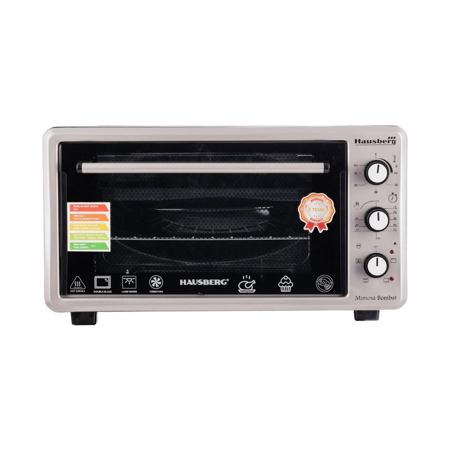 Cuptor Electric cu Ventilator HAUSBERG HB-8015, 1800 W, Geam dublu, 48L, Lumina interioara, Timer, 5 Programe gatire, Termostat reglabil 250 grade, Inox/Negru
