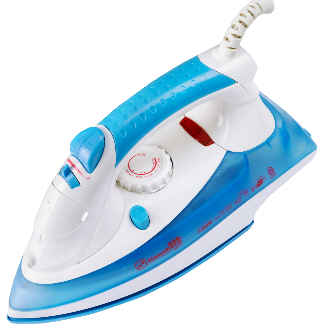 Fier de calcat Hausberg HB-7805BL, 2300W, 165ml, talpa ceramica, jet abur 12g/min, abur verticala 25g/min, sistem antipicurare, sistem autocuratare, Alb/Bleu