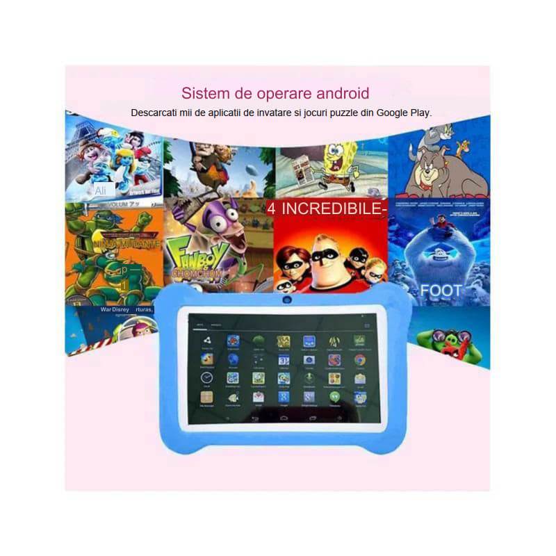 Tableta pentru copii de 7 inch Android WiFi cu Protectie anti shock, Camera dubla, jocuri, desene, aplicatii, Educativ, model Ursulet - Specializat.ro