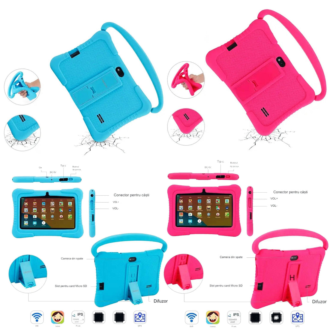 Tableta pentru copii de 7 inch Android WiFi cu Protectie anti shock, Camera dubla, jocuri, desene, aplicatii, Educativ, model cu maner - Specializat.ro