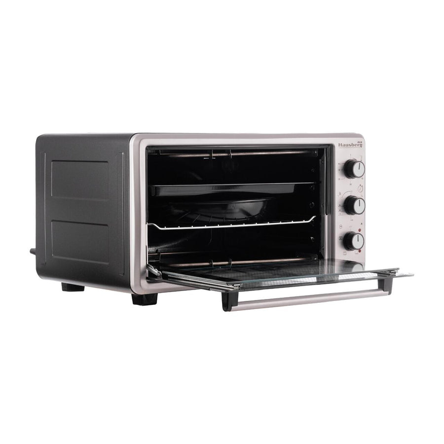 Cuptor Electric cu Ventilator HAUSBERG HB-8015, 1800 W, Geam dublu, 48L, Lumina interioara, Timer, 5 Programe gatire, Termostat reglabil 250 grade, Inox/Negru