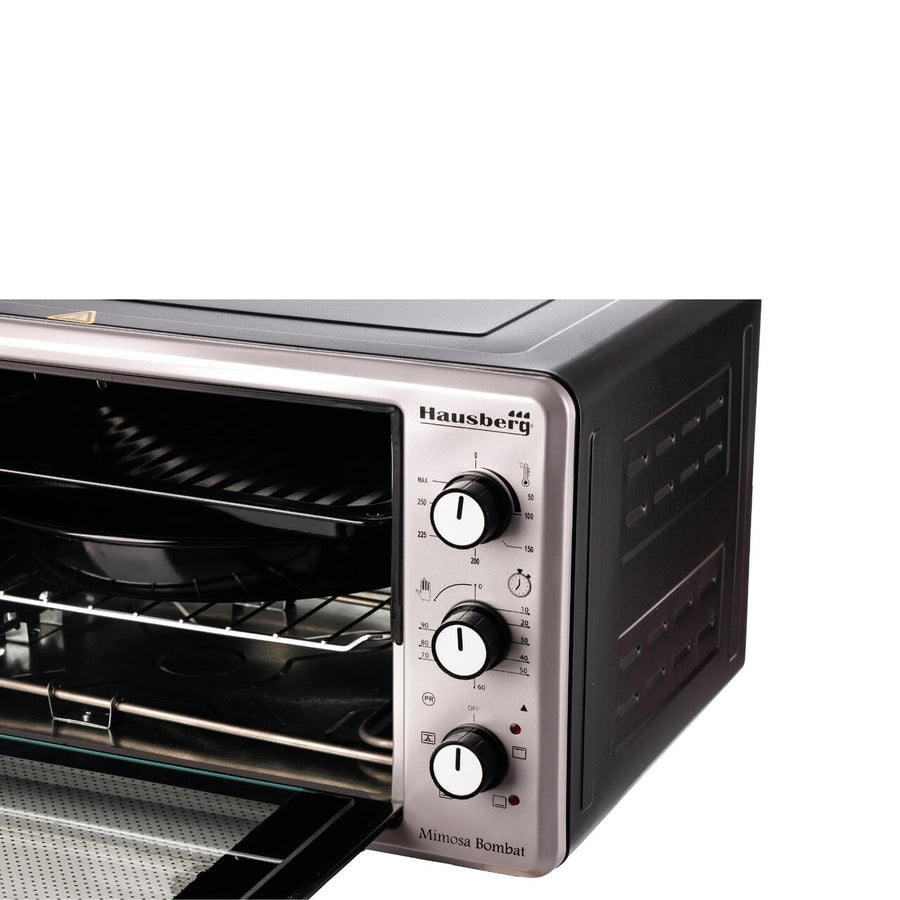 Cuptor Electric cu Ventilator HAUSBERG HB-8015, 1800 W, Geam dublu, 48L, Lumina interioara, Timer, 5 Programe gatire, Termostat reglabil 250 grade, Inox/Negru