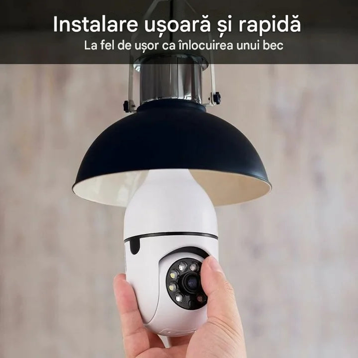 Cameră Supraveghere WiFi 360° Tip Bec E27 – 1080P, Vedere Nocturnă, Senzor Mișcare