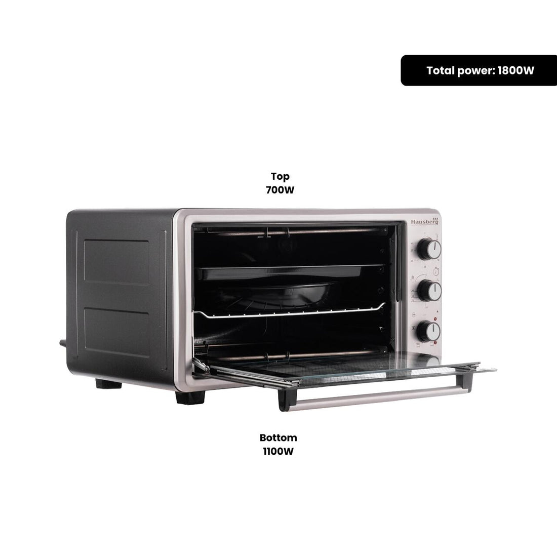 Cuptor Electric cu Ventilator HAUSBERG HB-8015, 1800 W, Geam dublu, 48L, Lumina interioara, Timer, 5 Programe gatire, Termostat reglabil 250 grade, Inox/Negru