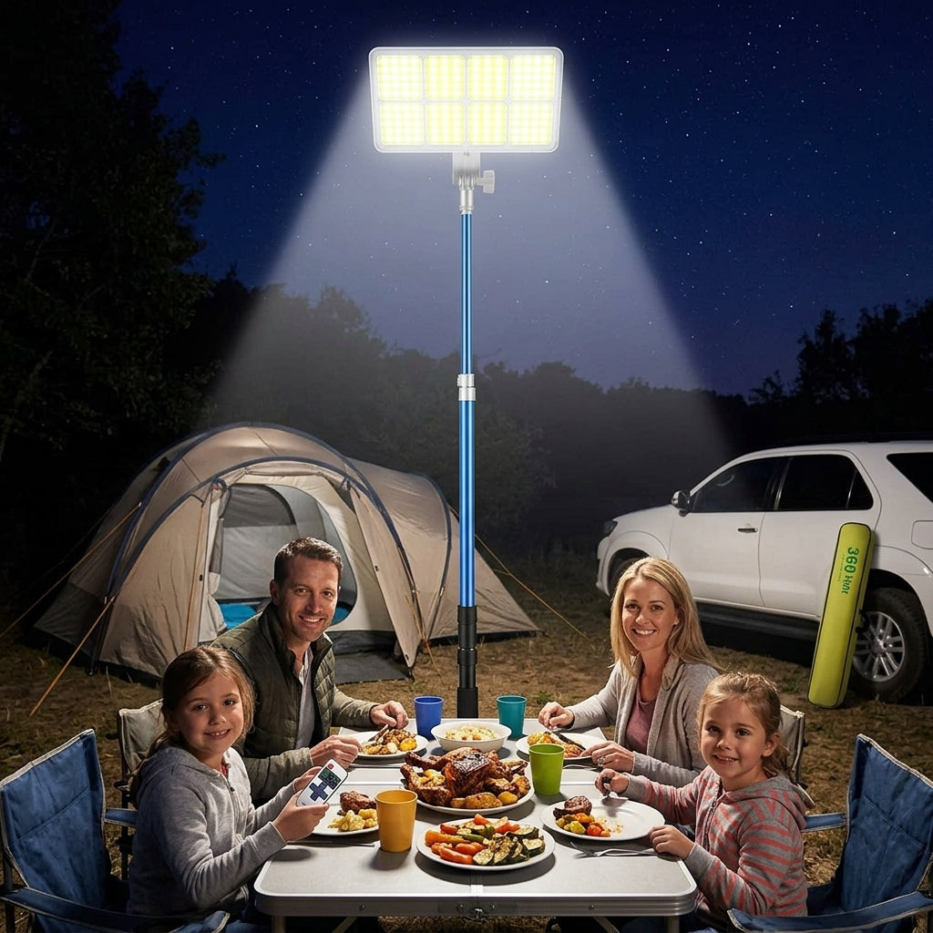 Proiector LED Camping, 47W 4558lm, Waterproof, Suport Telescopic 4,5m, Alimentare 12V, Telecomandă, Geantă Transport