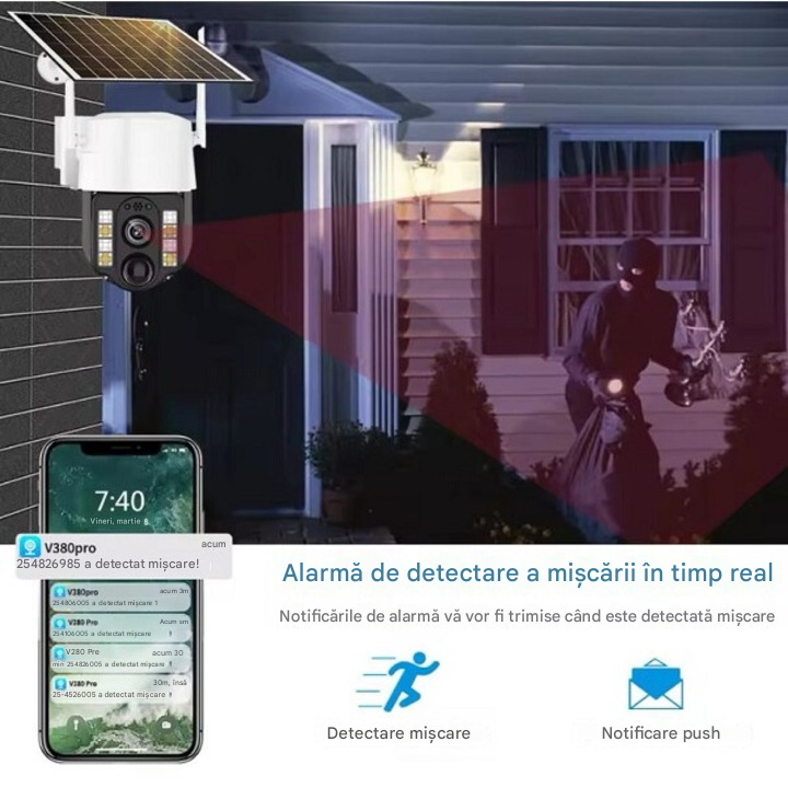 Cameră Supraveghere 4G Solară 5MP PTZ – Panou Solar 7.5W, Vedere Nocturnă Color, IP66