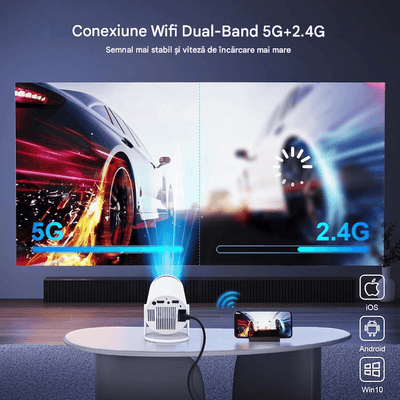 Videoproiector Portabil Smart 4K Ultra HD cu WiFi6, Bluetooth 5.0, Autofocus, Proiectie Ajustabila - Specializat.ro