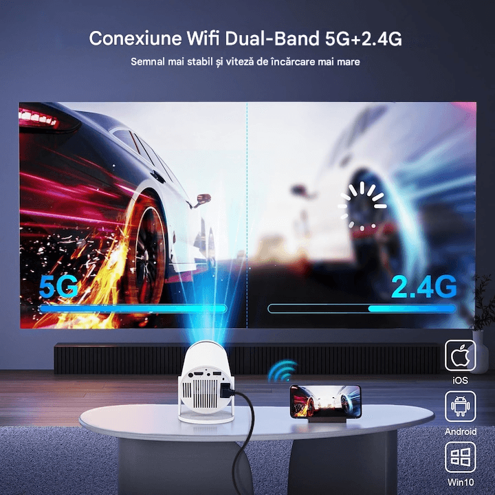 Videoproiector Portabil Smart 4K Ultra HD cu WiFi6, Bluetooth 5.0, Autofocus, Proiectie Ajustabila - Specializat.ro