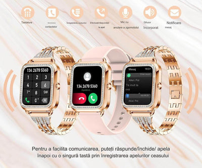Smartwatch Dama Elegant, Bratari, Silicon, Piele si Metalica cu Pietricele, Masurare Oxigen in sange, Ritm cardiac, Sport, Somn - Specializat.ro