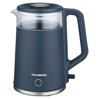 Cana fierbator HAUSBERG HB-3619BL, 1500 - 1800W, capacitate 2L, Anti-uscare, Oprire automata, Material Inox, sticla + plastic Bleu