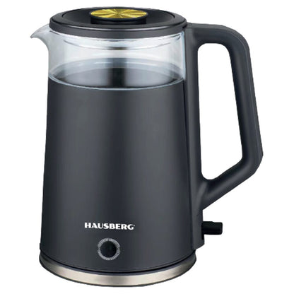 Cana fierbator HAUSBERG HB-3619NG, 1500 - 1800W, capacitate 2L, Anti-uscare, Oprire automata, Material Inox, sticla + plastic Negru