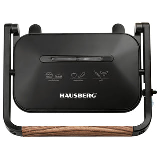Sandwich-maker Grill HAUSBERG HB-632, 1100-1300 W, Panini, Placi nonaderente, Maner rece, Negru