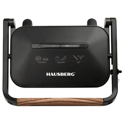 Sandwich-maker Grill HAUSBERG HB-632, 1100-1300 W, Panini, Placi nonaderente, Maner rece, Negru