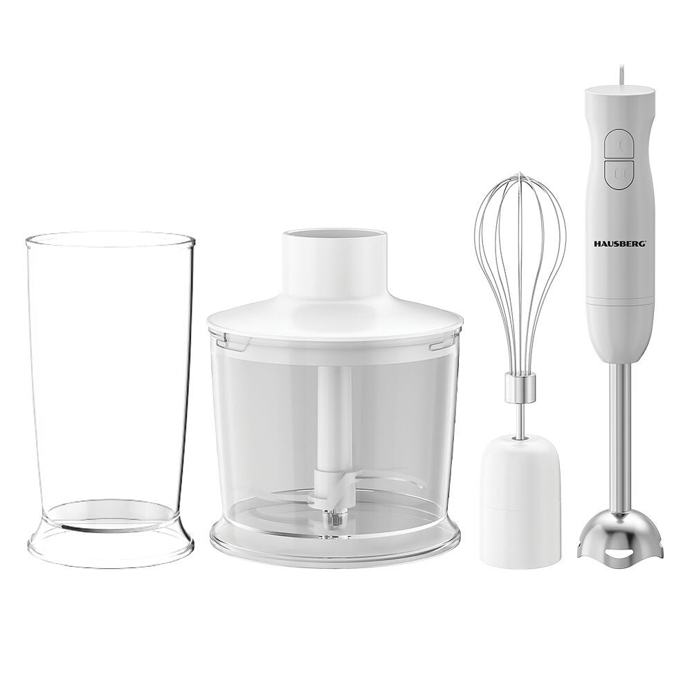 Blender 3 in 1 HAUSBERG HB-7701AB, 500W, 2 viteze, Material ABS, lame din inox, Capacitate pahar 700ml, tocator 500ml, Alb