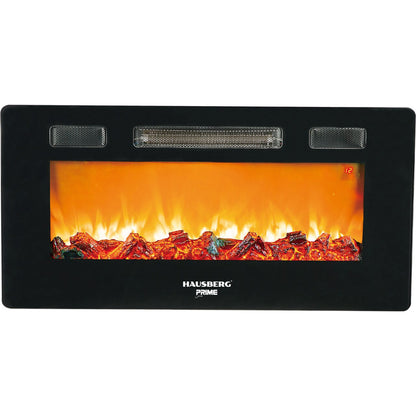 Semineu electric de perete Hausberg HB-8225, 1800W, Telecomanda, 3 Niveluri de lucru, Turboventilator, Elect de flacara led culoare portocalie, Termostat reglabil, Fier + sticla