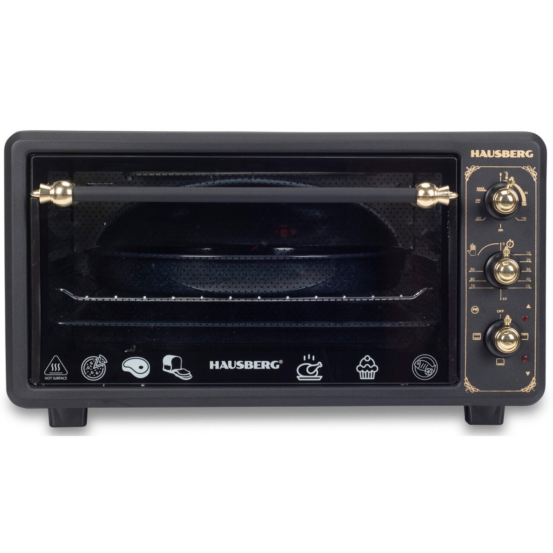 Cuptor electric Rustic HAUSBERG HB-8001RST, 1400W, 48l, Timer mecanic, Termostat reglabil, 4 nivele de inaltime a tavii, usa din sticla rezistenta la temperature ridicate, panou mecanic, Negru-Auriu