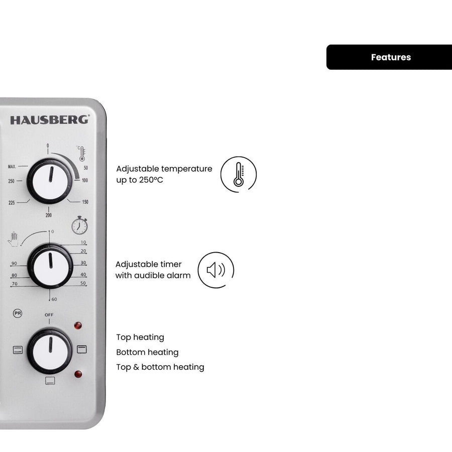 Cuptor Electric Hausberg HB-8000P capacitate 48 Litri, putere 1800W, Temperatura maxima 230 grade, timer prevazut cu alarma sonora