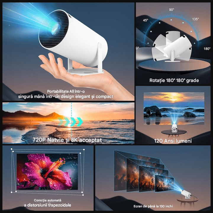 Videoproiector Portabil Smart 4K Ultra HD cu WiFi6, Bluetooth 5.0, Autofocus, Proiectie Ajustabila - Specializat.ro