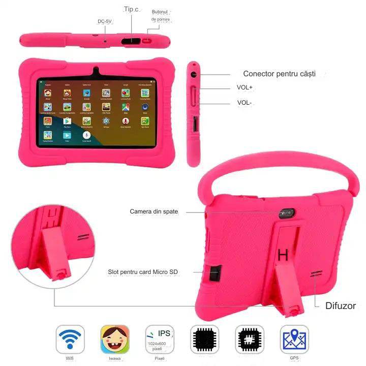 Tableta pentru copii de 7 inch Android WiFi cu Protectie anti shock, Camera dubla, jocuri, desene, aplicatii, Educativ, model cu maner - Specializat.ro
