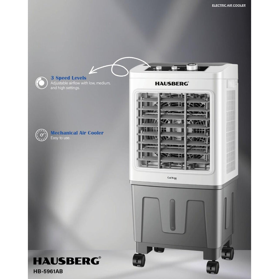 Racitor de aer portabil Hausberg HB-5961AB, 75W, rezervor 20L, 3 viteze, control mecanic, 2 cutii gheata, alb