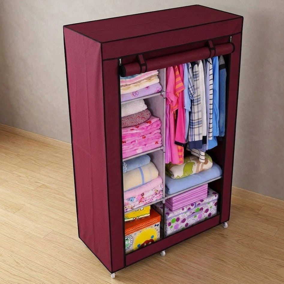 Dulap Textil Pliabil cu Structură Metalică – 2 Compartimente + 6 Rafturi