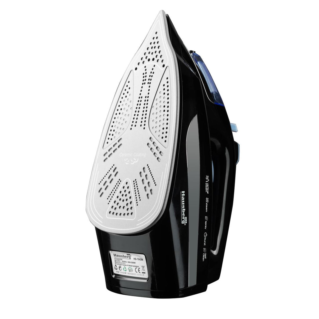 Fier de Calcat Hausberg HB-7842BL, 2300W, Ceramic, Autocuratare, Pulverizare, Antipicurare, 300ml, Negru/Albastru