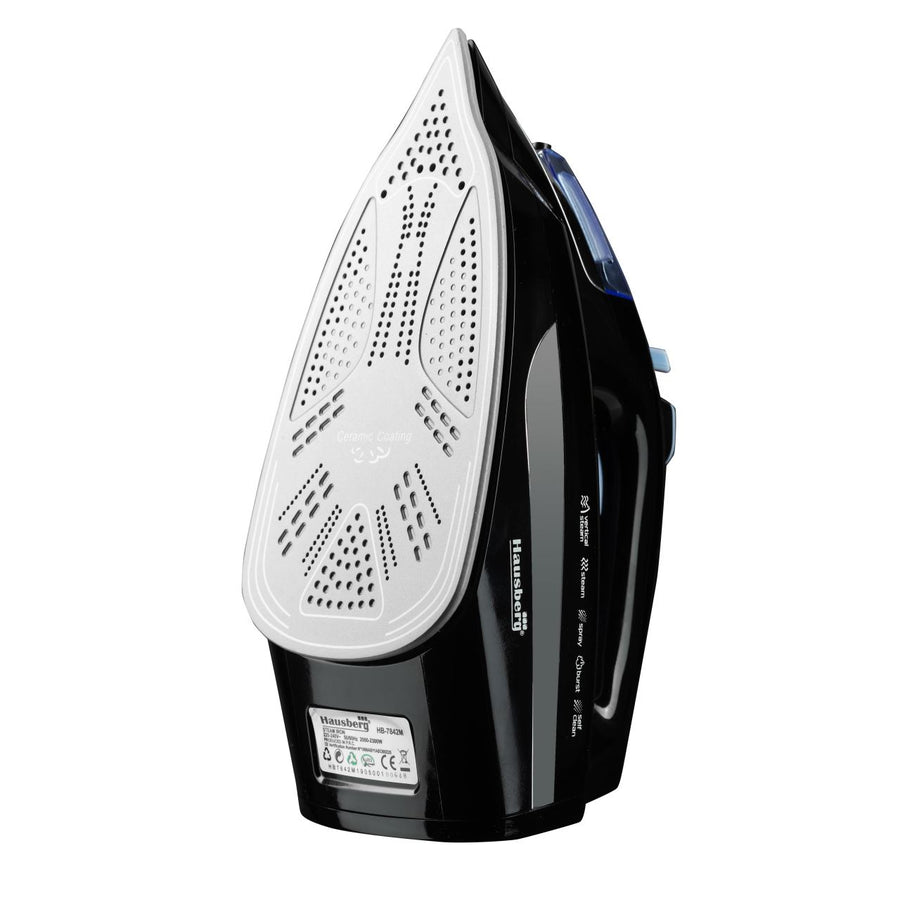 Fier de Calcat Hausberg HB-7842BL, 2300W, Ceramic, Autocuratare, Pulverizare, Antipicurare, 300ml, Negru/Albastru